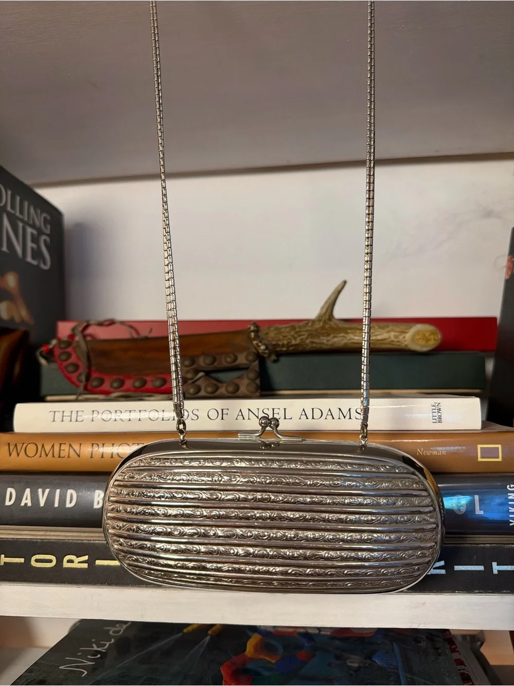 Metallic Silver Chain-Handle Storage Purse Organizer